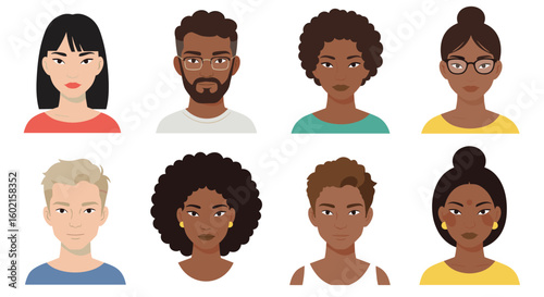 Diverse avatars set featuring modern flat design portraits
