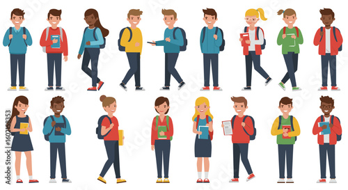 Diverse group of students in casual outfits holding books and backpack