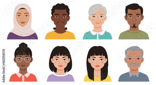 Diverse collection of flat style portraits showcasing multigenerationa
