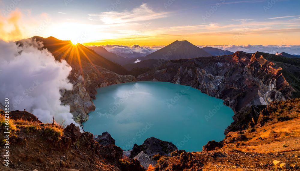 Fototapeta premium Volcanic Lake Sunrise Panorama.