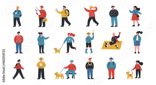 Colorful flat people engaging in daily activities with pets and gadget
