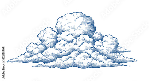 Vintage style engraved cloud drawing in blue ink