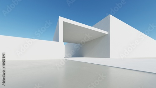 Fototapeta Naklejka Na Ścianę i Meble -  3d illustration of abstract modern architecture background, Minimal geometry architectural design, Car presentation backdrop with empty concrete floor, Geometric white blocks building design