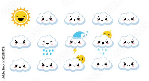 Cute weather icons set featuring happy sun and various cloud emotions