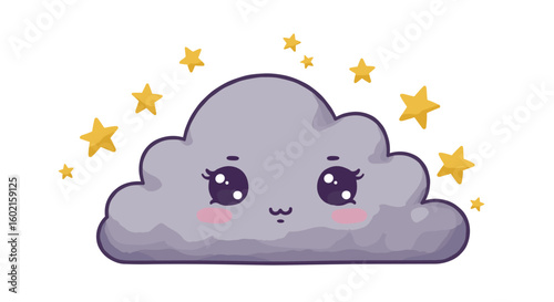 Cute kawaii cloud with stars and blushing cheeks in a whimsical cartoo