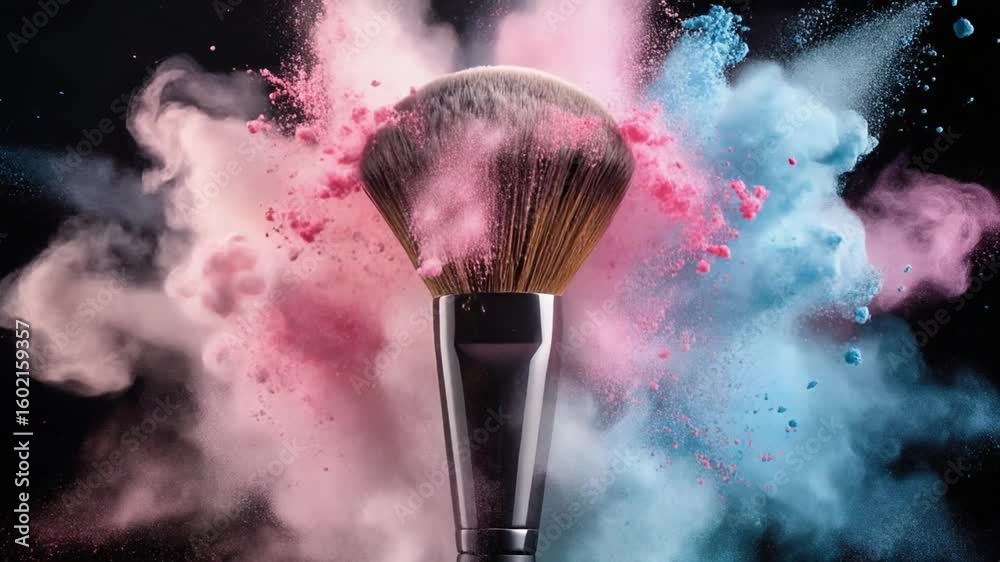 Creative makeup artistry demonstration showcasing colorful powder explosion and brush technique