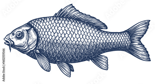 Detailed hand-drawn carp fish design for aquatic themed art projects