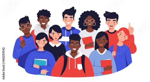 Diverse group of students smiling with books and backpacks against a w