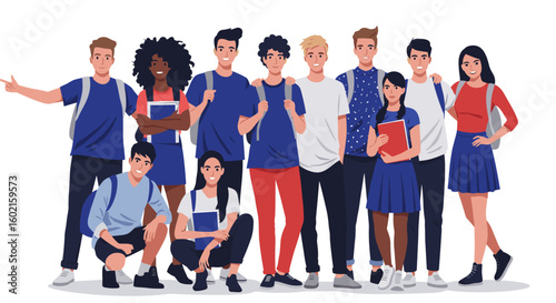 Group of diverse students standing together in casual outfits