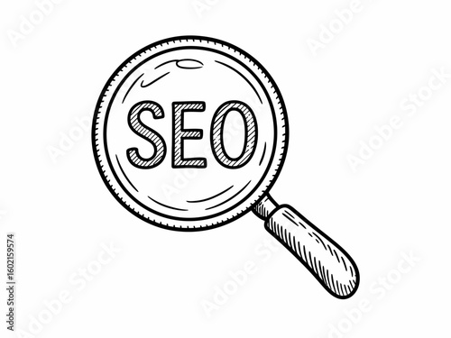 Hand-drawn doodle of a magnifying glass over the acronym SEO. Search engine optimization concept illustration.