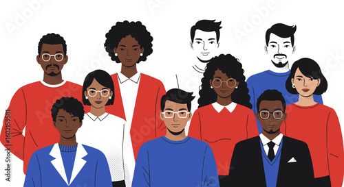 Diverse group portrait with colorful outfits and modern style