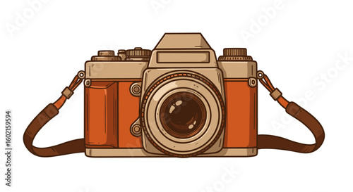 Vintage retro camera with leather strap in detailed hand-drawn style