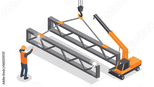 Isometric view of construction worker welding steel beams with crane lifting another beam structure