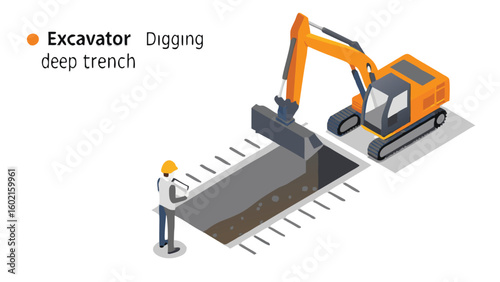 Excavator digging a trench with a construction worker overseeing the excavation process in isometric view