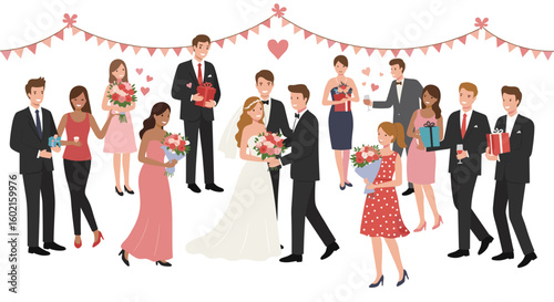 Elegant wedding celebration with bride, groom, and guests in flat styl