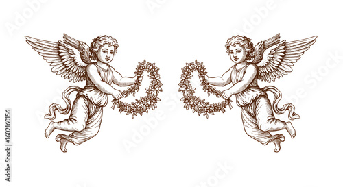 Vintage cherub pair with floral garlands in detailed engraving style
