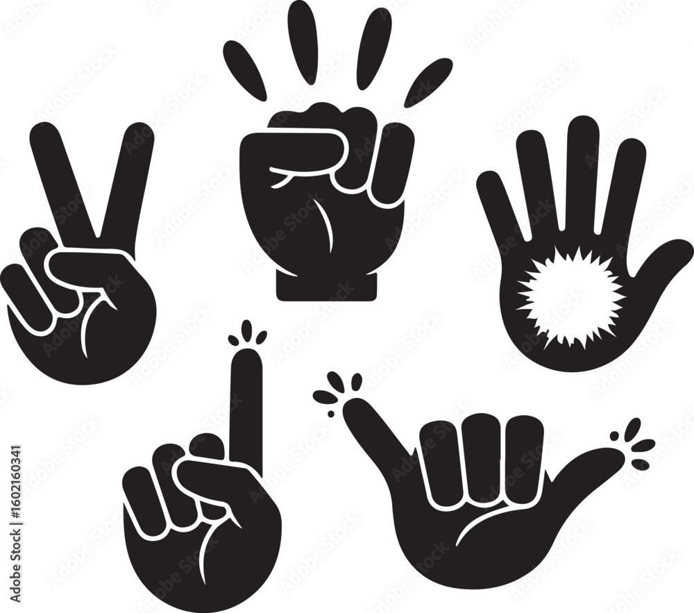 Fototapeta premium Creative Painted Hands Icon Pack Black Filled Vector of Artistic Gestures with Paint Victory, Power Fist, Open Hand, and Painted Fingers