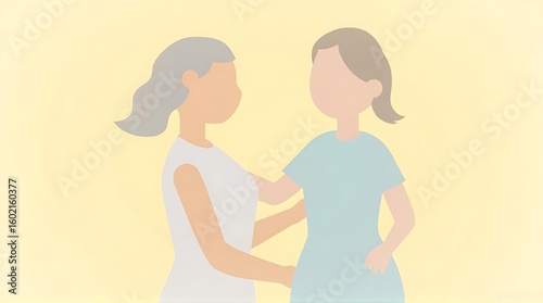 Pastel Hues: Gentle Embrace of Two Women, Minimalist Illustration