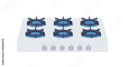 Modern gas cooktop with six burners and white control panel