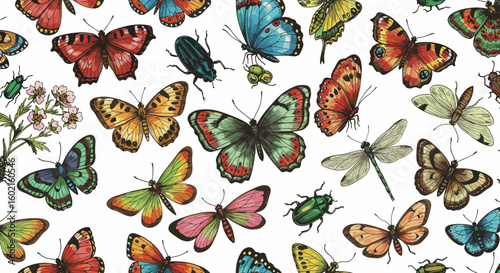 Vibrant butterfly and insect pattern on white background