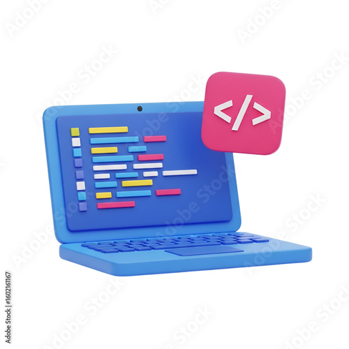 3d icon of a 3d illustration of a laptop displaying code with a coding icon isolated on transparent background
