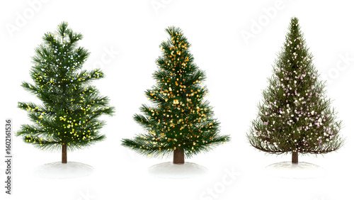 Set of three realistic 3D decorated Christmas trees with glowing lights and snow. Isolated holiday design elements for winter celebration graphics.