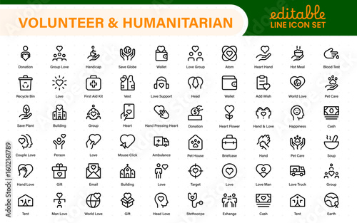 Volunteer and Humanitarian flat line icons. Editable stroke. Designed for charity events, NGO websites, mobile apps, presentations, and branding materials.