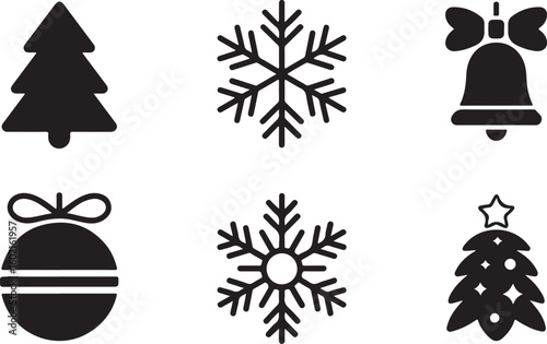 A collection of Christmas-themed icons, including a Christmas tree ornament, snowflakes, and bells, all in black-and-white style.