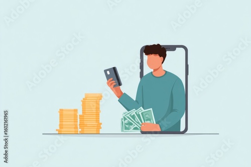 Man holding cash and phone emerging from smartphone screen, with coin stacks. concept of digital payments