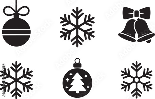 A collection of Christmas-themed icons, including a Christmas tree ornament, snowflakes, and bells, all in black-and-white style.