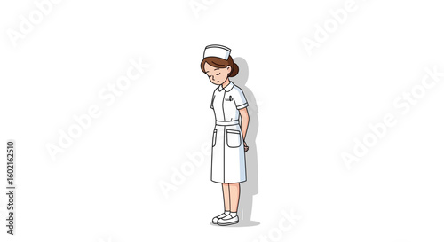 A bowed nurse in a white uniform, showing respect or sadness.