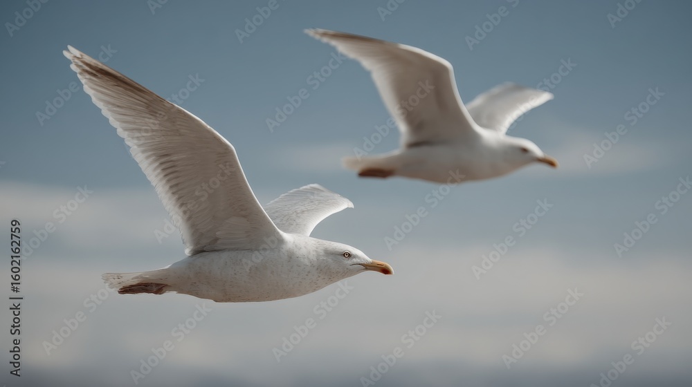 Fototapeta premium Two white seagulls flying in blue sky with blurred clouds captured in dynamic close-up perspective perfect for travel photography, nature backgrounds and freedom themed visuals