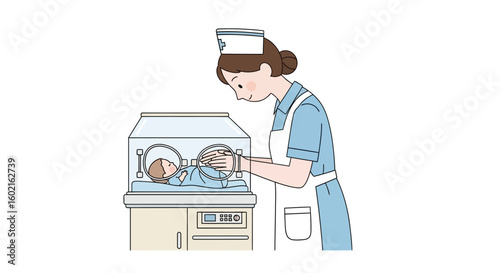 A nurse tends to a newborn baby inside an incubator, providing care and attention in a medical setting.