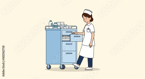Nurse in uniform opens a drawer in a blue medical cart filled with medicine and supplies.