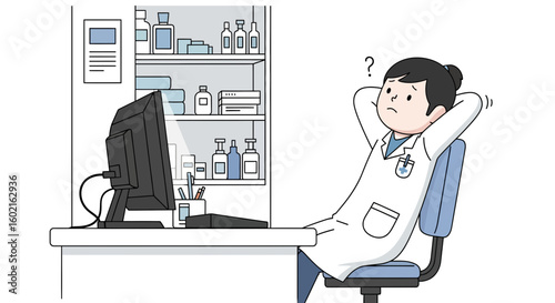 Cartoon doctor sits at desk with hands behind head, looking thoughtful in front of computer.