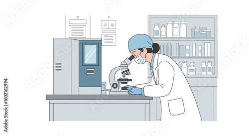 Female scientist in lab coat examines microscope in a sterile laboratory setting.