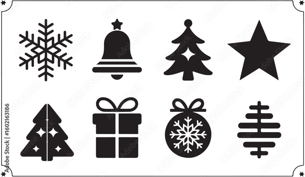 A collection of Christmas-themed icons, including a Christmas tree ornament, snowflakes, and bells, all in black-and-white style. A collection of Christmas-themed icons, including a Christmas tree ornament, snowflakes, and bells, all in black-and-white style.