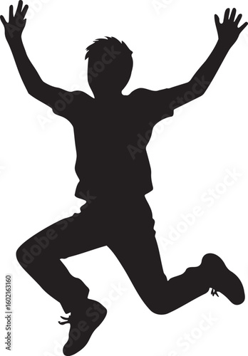 Energetic person jumping with arms raised high in the air silhouette black