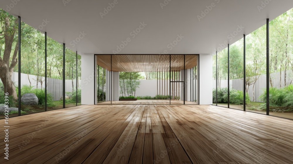 Obraz premium Modern minimalist interior with a tranquil garden view