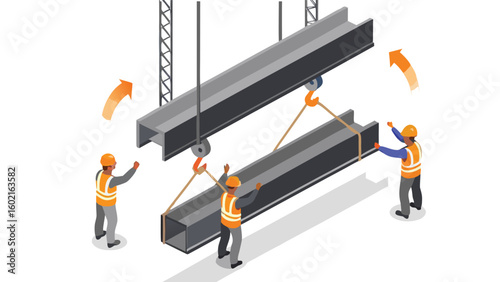 Isometric view of construction workers lifting steel beams with crane on a construction site safely