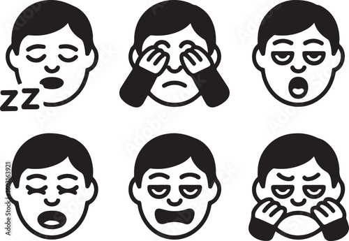 Exhausted Mood Icon Set – Solid Funny Faces with Sleepy, Drowsy, and Napping Emotions in Filled Black Style