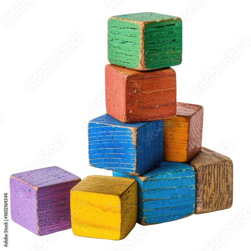 Wooden blocks stacked in a pyramid shape.  Various vibrant colors.  Vintage look