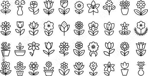  flowers set. Flat black icons. Simple flower silhouette  invitations, seasonal artwork, and graceful floral vector illustrations