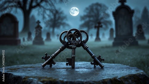 Mysterious ornate keys resting on a tombstone in a moonlit cemetery