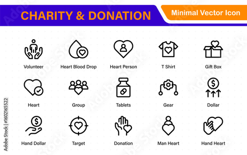 Charity and donation icon set. charity and donation icon set, Help, volunteer, donated assistance, sharing, and solidarity symbol. Outline icons  collection.