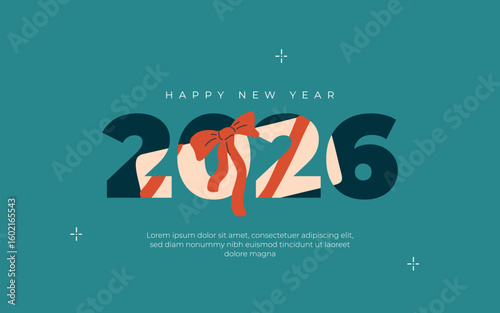Happy 2026 new year greeting mailing card. Vector illustration of gift box decorated red bow hidden in numbers 2026. Holiday Christmas template postcard. Banner, art poster, design element, invitation