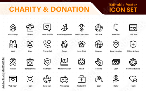 Charity and donation icon set. charity and donation icon set, Help, volunteer, donated assistance, sharing, and solidarity symbol. Outline icons  collection.