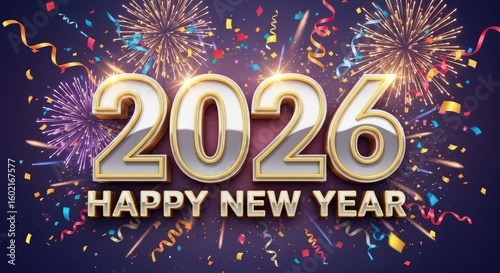 2026 Happy New Year Celebration Text card template. Festive Gold Fireworks in Night Sky banner with copy space. 