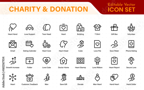 Charity and donation icon set. charity and donation icon set, Help, volunteer, donated assistance, sharing, and solidarity symbol. Outline icons  collection.