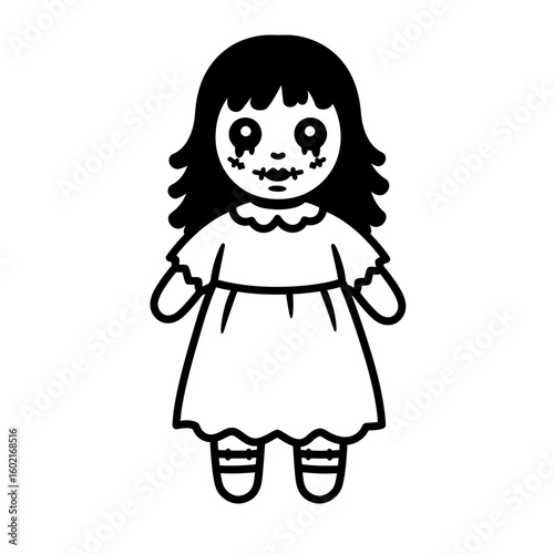 Creepy doll with stitched mouth and black hair art silhouette